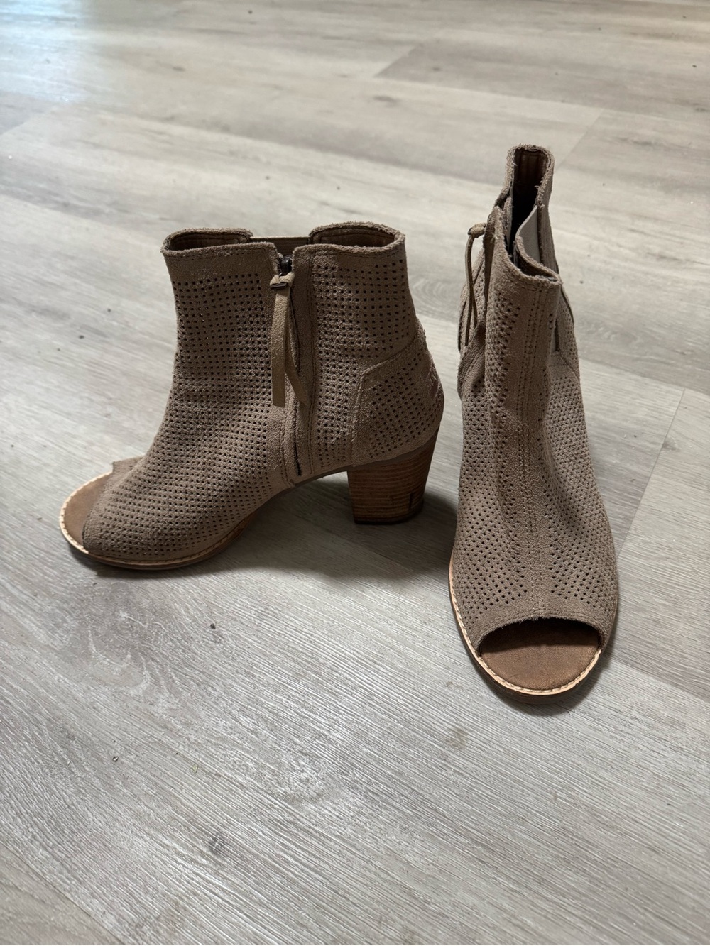 Toms Taupe Perforated Open-Toe Block Heel Ankle Boots